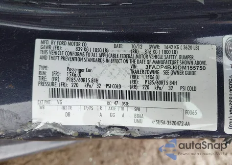 2013 Ford Fiesta Se из США, поврежденный, VIN 3FADP4BJ0DM155750